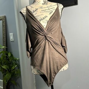 Charlotte Russe Camel Grey Brown Suede Open Shoulder V-Neck Plunge Bodysuit L